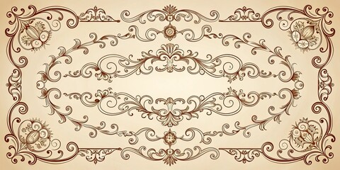 Obraz premium Vintage Swirls Hand-drawn Ornamental Elements, Brown Ink, Beige Background, Design, Decor, Frame, Ornament
