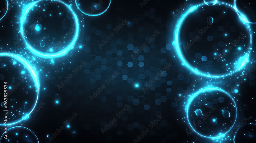 Poster a blue background with a series of blue circles. the circles are illuminated and appear to be glowin