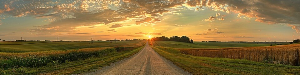 Obraz premium Deserted asphalt road surrounded by wheat and soybean fields leading to the horizon at sunset