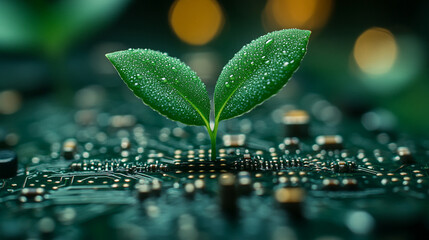 young green plant sprouts from a circuit board, symbolizing the fusion of technology and nature. This image conveys sustainability, innovation, and the future of eco-friendly technological advancement