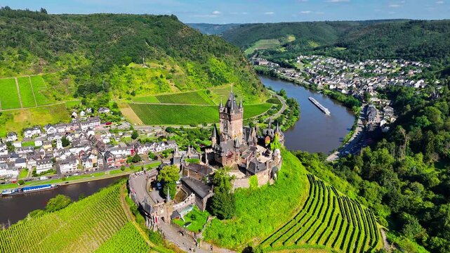 Aerial drone view of medieval castle Cochem. Wine region Mosel Valley, Germany  High quality 4k footage