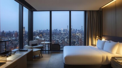 Sleek hotel room with panoramic city views and modern amenities, luxury interior, urban trip