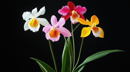 A delicate Miltonia orchid, also known as the Pansy Orchid, with its colorful and flat-faced flowers