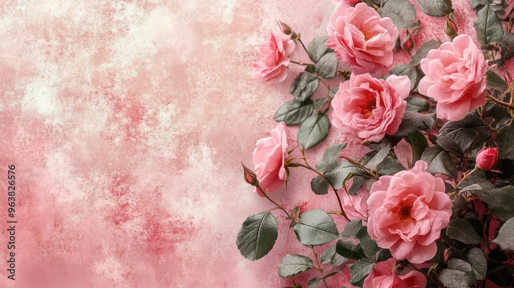 Poster A pink flower arrangement is displayed on a pink background. The flowers are arranged in a way that they are not overlapping each other, and they are all facing the same direction