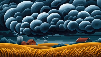 Obraz premium Dramatic Storm Clouds Over Golden Wheat Fields with Farmhouses in the Distance