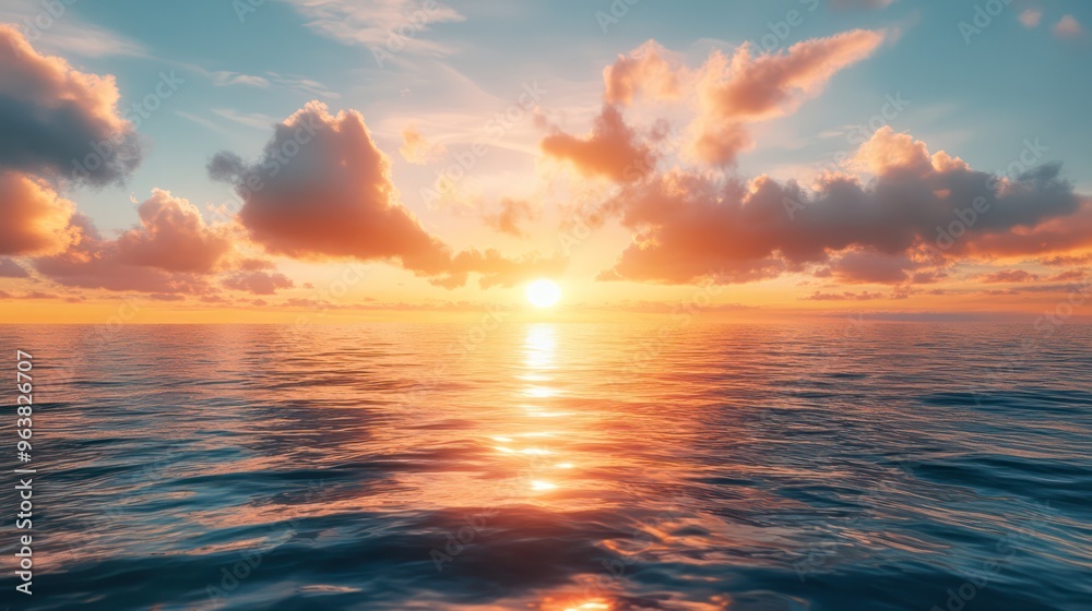 Poster the sun is setting over the ocean, casting a warm glow on the water. the sky is filled with clouds, 