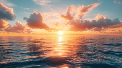 Fototapeta premium The sun is setting over the ocean, casting a warm glow on the water. The sky is filled with clouds, creating a serene and peaceful atmosphere