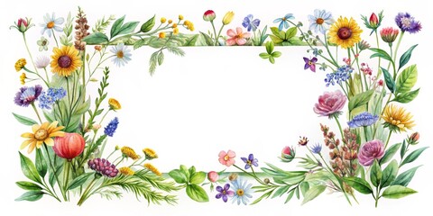 Watercolor Floral Border with White Background, Botanical, Summer, Wildflowers, Frame