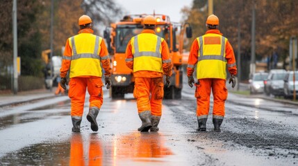 Three construction workers in bright safety vests walk along a wet asphalt road, engaged in road maintenance activities in rainy weather