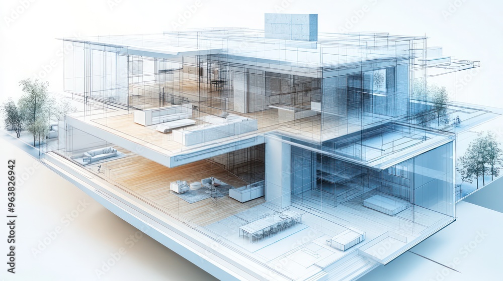 Poster A 3D rendering of a large house with a lot of glass windows. The house is very modern and has a lot of open space