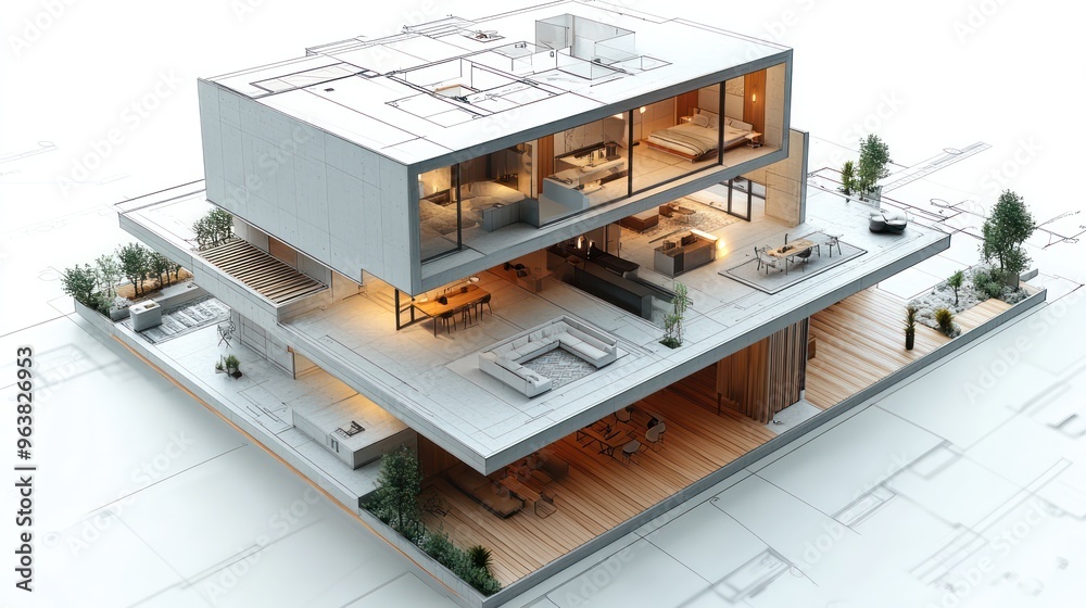 Poster a white house with a lot of windows and a balcony. the house is very large and has a modern design