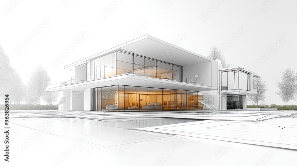 Poster a white house with a large glass window and a balcony. the house is designed to look like a modern, 