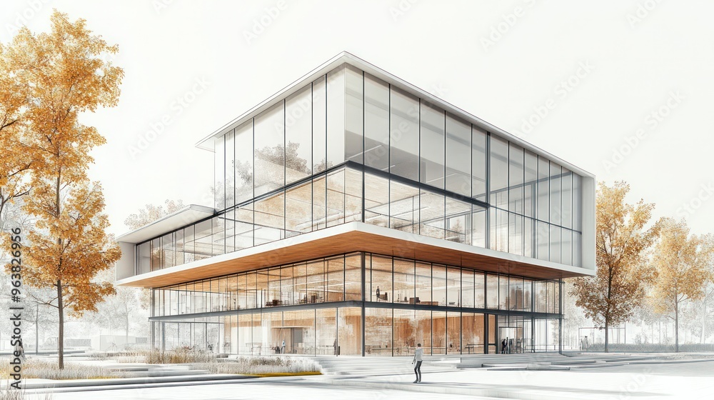 Poster a large glass building with a wooden top and a lot of windows. the building is surrounded by trees a