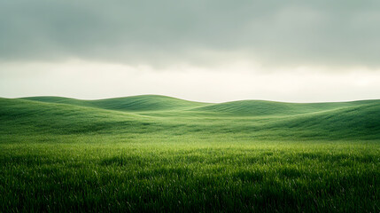 Obraz premium vast expanse of green grass beneath a low, cloudy sky, with the soft light casting an even tone across the field