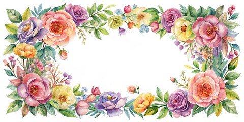 Watercolor Floral Frame with Pink, Yellow and Purple Flowers, Leaves, and Greenery, Floral Border, Watercolor Illustration, Frame