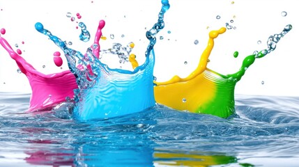 Vibrant paint splashes create lively patterns in water, showcasing a mesmerizing blend of colors and movement in an artistic space