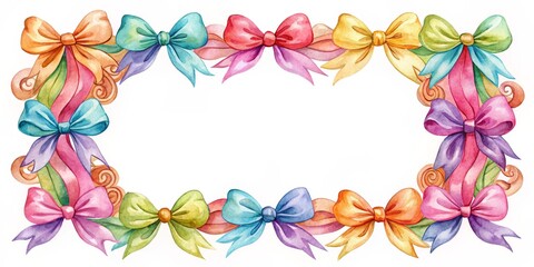 Obraz premium Watercolor Frame with Colorful Bows, White Background, Watercolor Illustration, Bow Frame, Gift Wrapping ,bow, frame