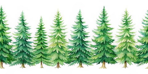 Obraz premium Watercolor Green Fir Trees Seamless Border, Watercolor, Illustration, Christmas, Forest, Tree, Fir