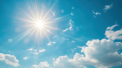 The sun radiates brilliantly, illuminating fluffy white clouds floating in a clear blue sky on a pleasant day