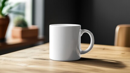 Fototapeta premium A white coffee cup sits on a wooden table. The table is in a room with a window and a potted plant