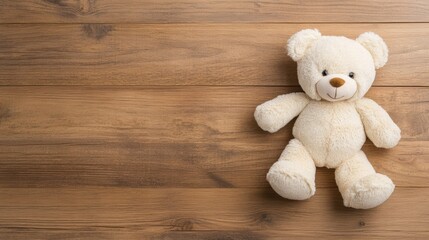 A fluffy teddy bear sits quietly on the wooden floor, evoking feelings of warmth and childhood memories in a comfortable setting