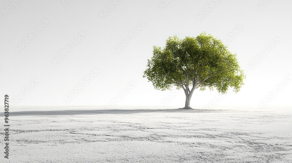 Poster a tree stands alone in a barren, snow-covered field. the tree is the only sign of life in the desola