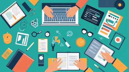 Smart project management tools for remote teams, flat design, top view, tech productivity theme, animation, Split-complementary color scheme