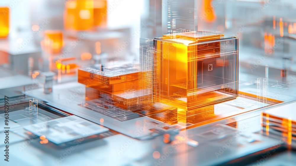 Poster A computer chip is shown in a cityscape with a lot of buildings and other objects. The chip is orange and he is a part of a larger electronic device. The image gives off a futuristic