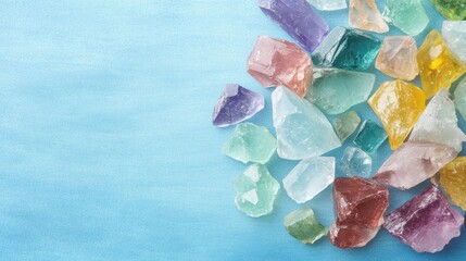 A collection of beautifully colored crystal shards rests on a soft blue background, highlighting their unique forms and shades
