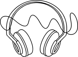 Stylized Headphones with Music Wave Illustration in Black and White Line Art