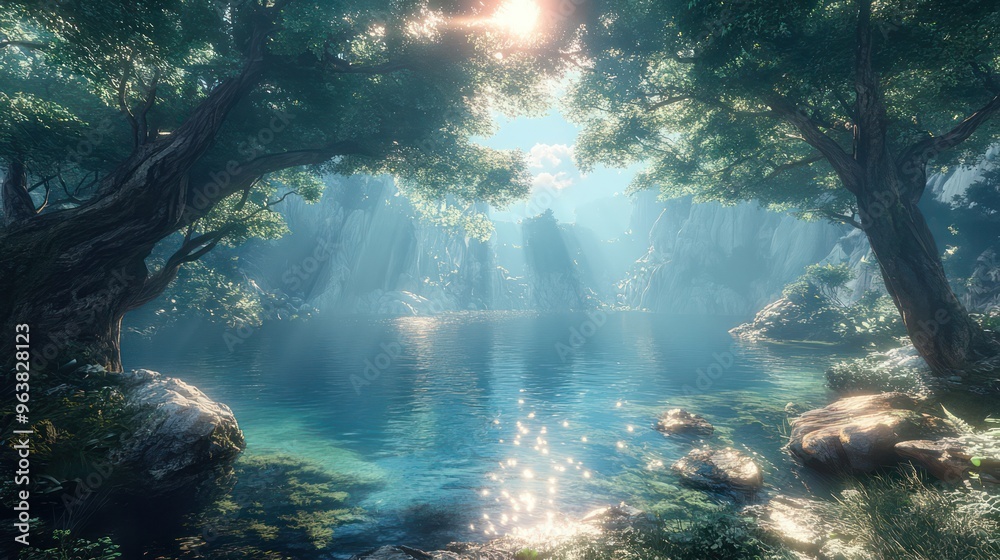 Poster a serene forest scene with a body of water in the foreground. the water is calm and reflects the sur