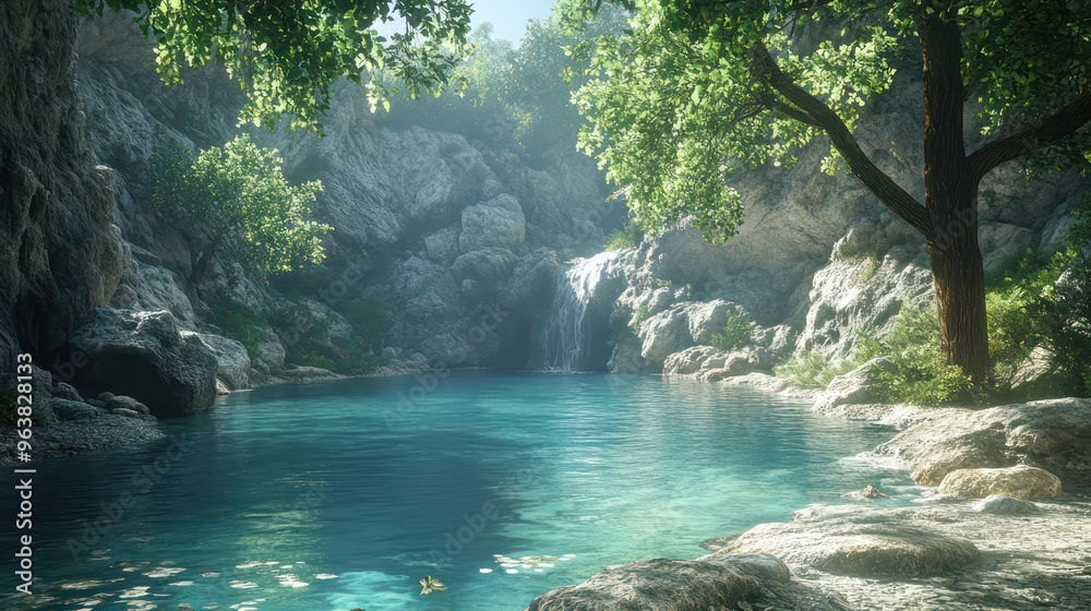Poster a beautiful, serene scene of a river surrounded by rocks and trees. the water is crystal clear and t