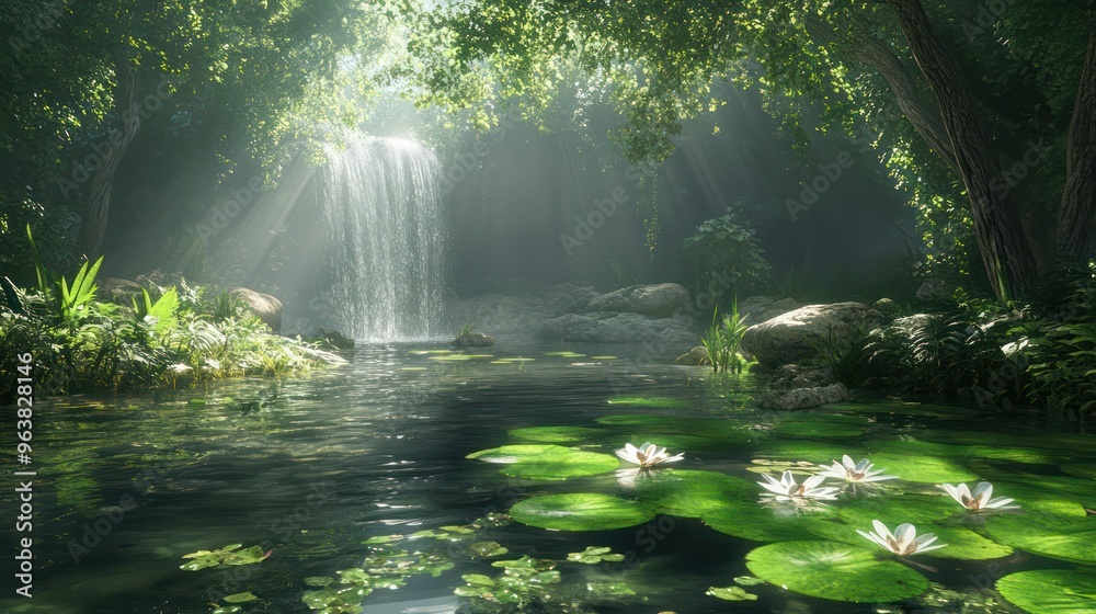 Aufkleber a serene and peaceful scene of a waterfall surrounded by lush greenery and a pond full of lilies. th