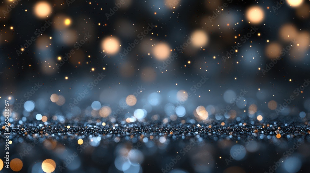 Poster a blurry image of a dark blue background with many small, bright, and colorful dots scattered throug