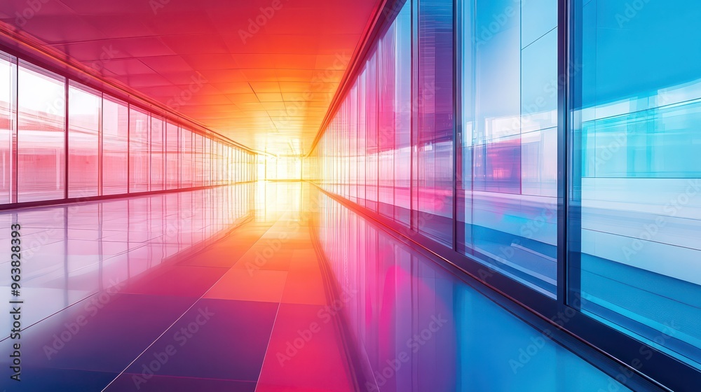 Poster a long hallway with a bright orange sun shining through the windows. the walls are painted in a rain