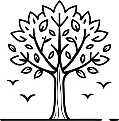 Obraz premium Elegant Tree Line Art Illustration Featuring Leaves and Birds in Flight