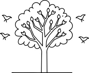 Obraz premium Minimalist Line Art of Tree with Birds in Flight Around the Branches in a Simple Black and White Design
