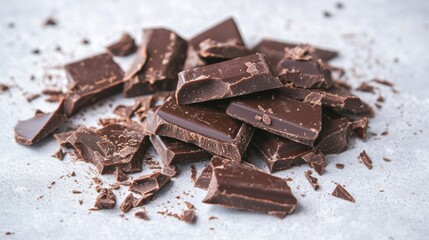 Fototapeta premium A collection of broken dark chocolate bar pieces rests on a textured surface, showcasing their rich cocoa color and smooth layers