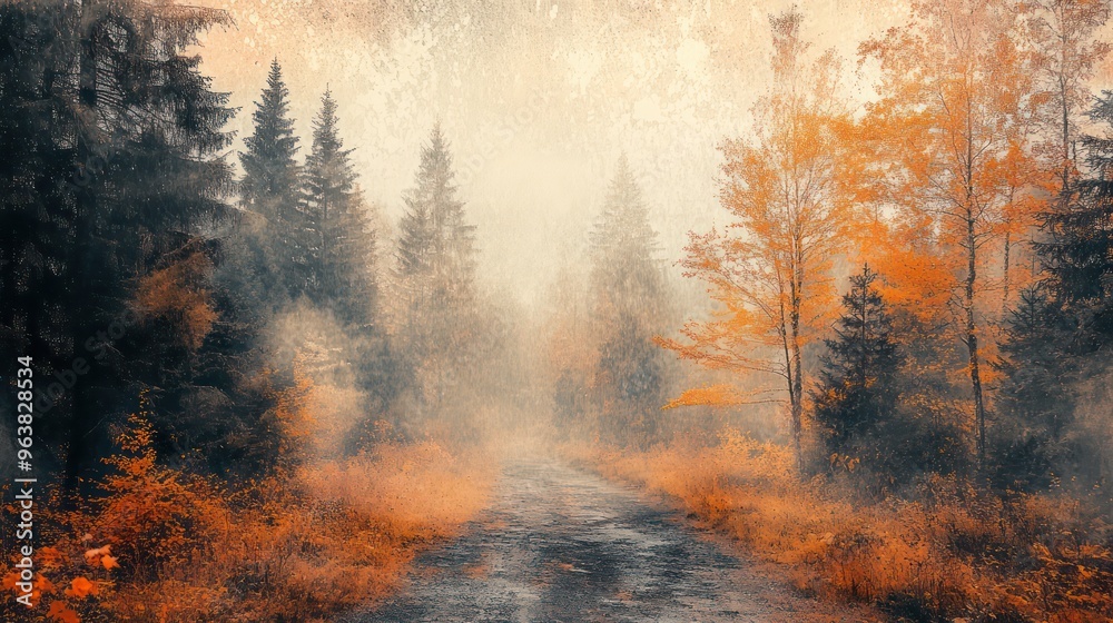 Poster a forest with trees and a road. the road is wet and the trees are covered in leaves