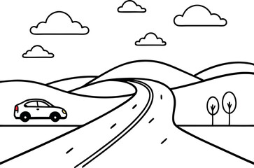 Minimalist Illustration of a Car on an Open Road Through Rolling Hills and Clouds in a Simple Landscape