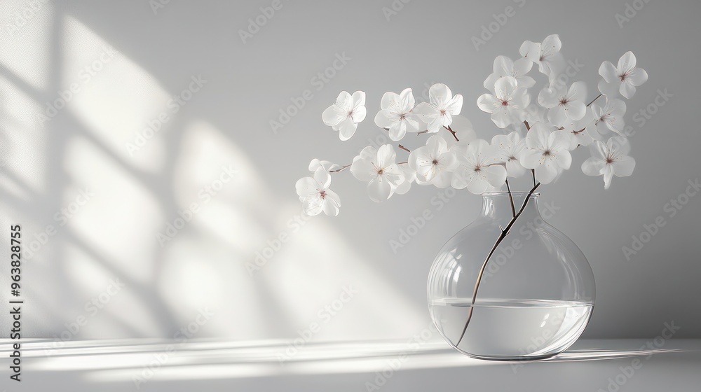 Poster a vase of white flowers sits on a table in front of a window. the sunlight shining through the windo