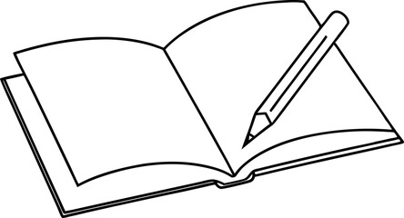 Line Art Illustration of Open Book with Pencil for Creativity and Writing Concept
