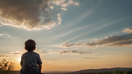 Fathers day. Back view of a little child boy sitting on his fathers shoulders holding hands and looking into the distance enjoying sunset. Father walking with son outdoors.