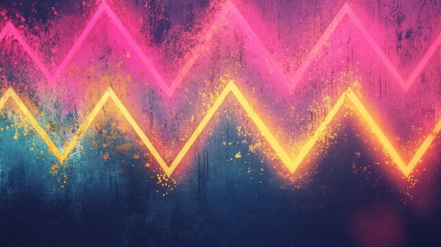A vibrant zigzag pattern in neon colors, showcasing pink and yellow hues against a textured dark background, creating an energetic vibe