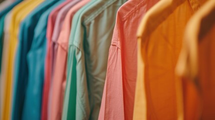 Obraz premium A variety of colorful shirts are arranged in a closet, offering a delightful selection for everyday wear and special occasions
