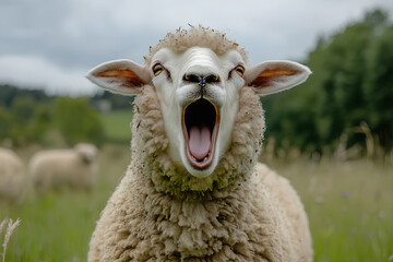 A white sheep with a large, open mouth, with a blurry sheep in the background.