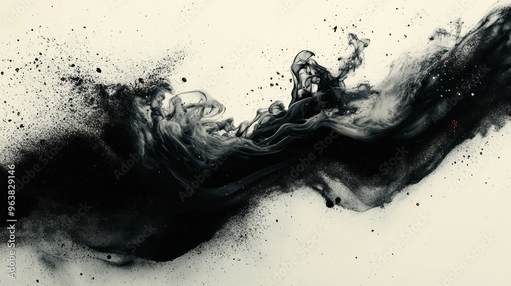 Poster The image is a black and white painting of a wave with smoke and dust. The mood of the painting is dark and mysterious, with the smoke and dust adding to the sense of chaos and movement