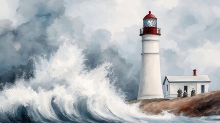 Wave crashing into lighthouse, powerful impact, shocked keepers, Watercolor style