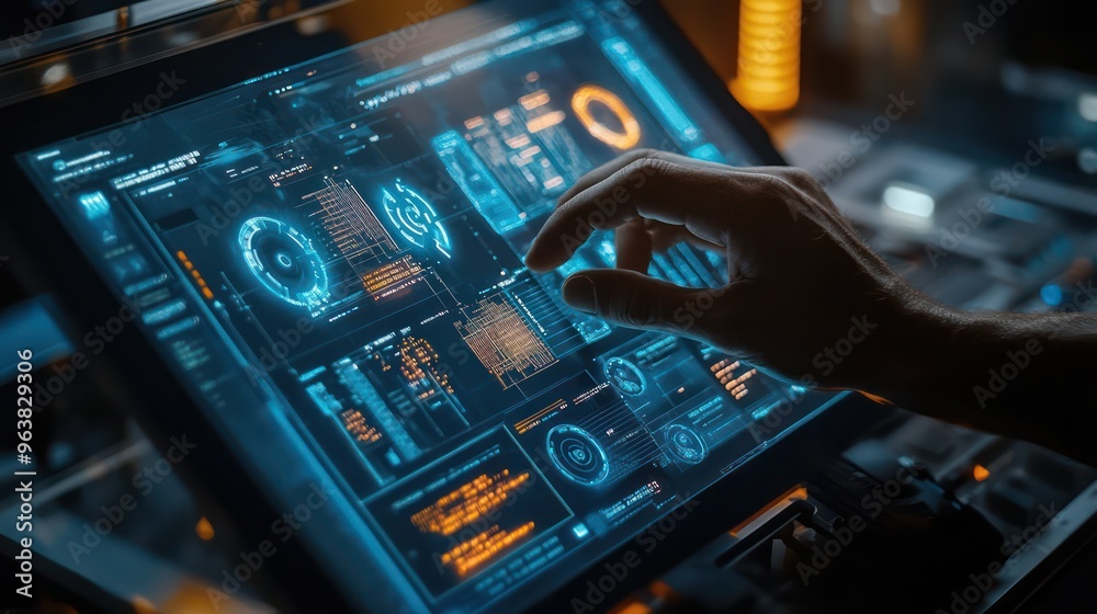 Aufkleber A person is touching a computer screen with a finger. The screen is displaying a variety of colorful icons and numbers. Concept of technology and innovation