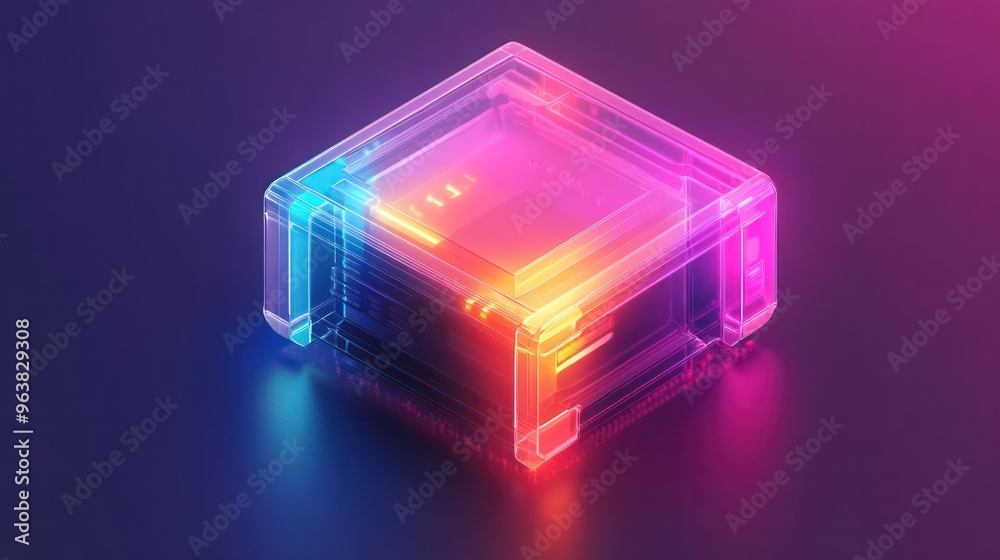 Poster A cube made of clear plastic with a rainbow of colors. The cube is on a dark background